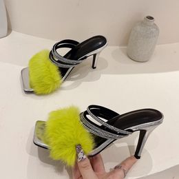Liyke Sexy Street Woman Square Toe Thin High Heels Slippers Fashion Fluffy Feather Summer Sandal Party Banquet Shoes Mules Slide