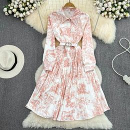 Casual Dresses Summer Light Retro Style Bubble Long-sleeved Lapel Waist Show Thin Printed A-word Pleated Dress