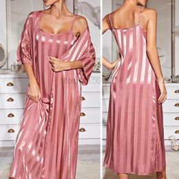 Women's Sleepwear Nightwear Women Stripe Kimono Robe Gown With Strap Nightgown Ultra Long Bathrobe 2PCS Sleep Set Loungewear Chemise