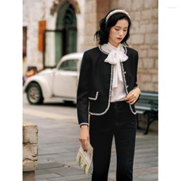 Women's Jackets High Quality Runway Tweed Woollen Women's Elegant Braid Fringe Nail Bead Flower Edge Round Collar Long Sleeve Short Coat