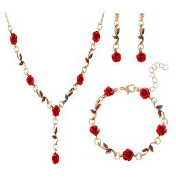 Pendant Necklaces Retro French Red Rose Flower Bracelet Earrings Necklace Set For Female Women Ladies Girls Personality Earring Drop Otpjb