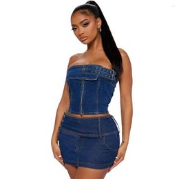 Casual Dresses Women Tracksuit Two Piece Set Jeans Strapless Tank Top Shirt Mini Dress Clothes For Outfit