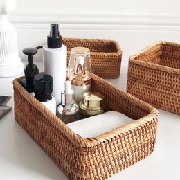 Storage Baskets Hand Woven Container Rattan Wicker Basket Fruit Tea Snack Bread Cosmetic Rectangular Box Household Kitchen Suppli 230613