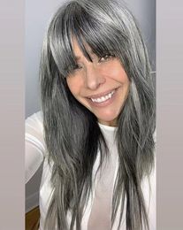 Beautiful long luxurious Grey wig machine made wig human hair naturally silver grey salt and pepper brazilian hair wigs with bang 130%density