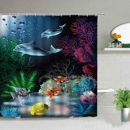 Curtains Funny Dolphin Shower Curtains Blue Seawater Sea Wave Scenery Bathroom Decor Cloth Hanging Curtain With Hooks Cute Animal