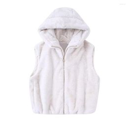 Women's Vests Fall Winter 2023 Women's Fashion Retro Casual Thermal Faux Fur Effect Zipper Trim Chic Hooded Vest Coat