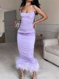 Casual Dresses wsevypo Purple Feathers Hem Satin Long Dress for Party Evening Women Elegant Spaghetti Straps Wrapped Dresses Gown Vestidos Z0612