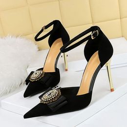 Liyke New Design Chic Crystal Buckle Women Pumps Sexy Pointed Toe 10CM Thin High Heels Mules Sandal Female Slingback Shoes Black