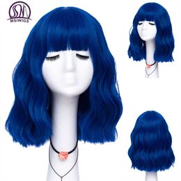 Lace Wigs MSIWIGS Short Curly Blue Bobo Synthetic Cosplay Wigs for Women Orange Red Green Natural Heat Resistant Hair with Bang for Girl Z0613