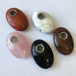 Newest Healing Crystals Stone Pipes With Metal Bowl Oval Natural Quartz Filter Tobacco Smoking Cigar Handpipe Multi Color