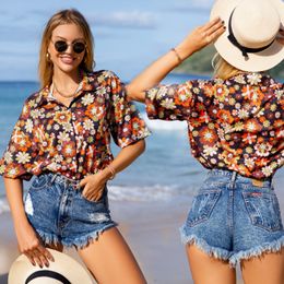 Sexy Flower Print V Neck Blouse 2023 Chiffon Blouses Long Sleeve Lady Office Shirt Casual Beach Blusas