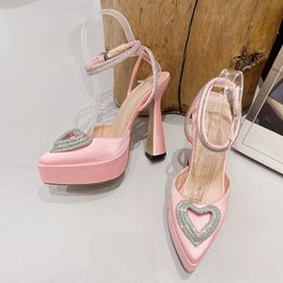Liyke 2023 Spring Summer Rhinestone High Heels Women Sexy Crystal Heart Shape Buckle Pointed Toe Shoes Platform Pumps Sandals