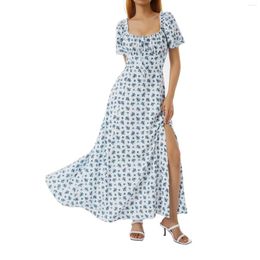 Party Dresses Summer Women Puff Sleeve Dress Fashion Floral Lace-up Square Collar Split Long Beach Bohemian Styles
