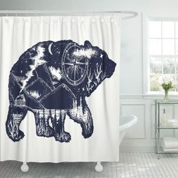 Curtains Bear Double Exposure Tattoo Tourism Symbol Adventure Great Mountains Shower Curtain Polyester Fabric 72 x 78 inches Set