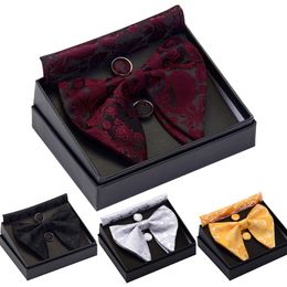 Neck Ties GUSLESON Paisley Big Bow Tie Men's Blue Red Yellow Bowtie Pocket Square Cufflinks Set with Gift Box Silk Wedding Necktie For Man 230613