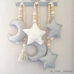 Garden Decorations Nordic Wooden Beads Ornament Double Star Moon Kids Room Decoration Baby Crib Tent Hanging Wall Decor Photography Props R230613