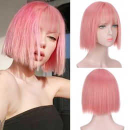 Lace Wigs HUAYA Synthetic Pink Short Bob Wig With Bangs for Women Lolita Cosplay Wigs Bob Hairstyles Silver Green Heat Resistant Z0613