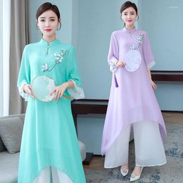 Ethnic Clothing Vintage Chiffon Embroidery Long Top Wide Leg Pants Suit Casual Loose Elegant Women National Chinese Style Two Piece Set