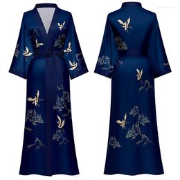 Women's Sleepwear Vintage Navy Blue Kimono Bathrobe Gown Women Casual Wedding Robe Chinese Style Nightwear Nightgown Satin Home Dress