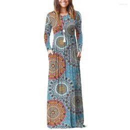 Casual Dresses GULE Women's Long Sleeve Round Neck Loose Plain Floral Empire Waist Pleated Maxi With Pockets