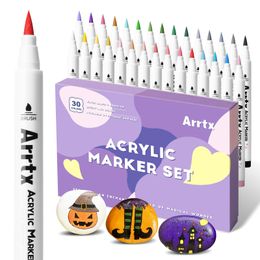 Markers Arrtx 24/30/32 Colors Acrylic Paint Marker Brush Tip Pens for Rock Stone Ceramic Porcelain Mug Wood Fabric Canvas Marking Pens 230612