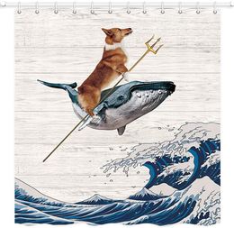 Curtains Funny The Corgi Rides a Whale On Huge Waves Rustic Wooden Board Kanagawa Great Wave Fabric Shower Curtain