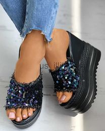 Slippers Summer 2020 Peep Toe Sequins Fringe Hem Wedge Heeled Slippers Bling Platform Slides Fashion Casual Outdoor Sandals Ladies Shoes J230613