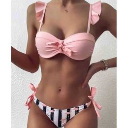 Women's Swimwear Striped Lace Ruffle Push Up Women Bandeau Swimsuit Female Swimwear Bra Cup Bikini set High Cut Bathing Suit Z0613