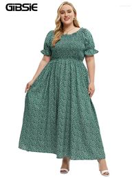 Plus Size Dresses GIBSIE Ditsy Floral O-Neck Shirred Puff Sleeve Dress Women Vacation Beach Summer High Waist Swing Maxi Long