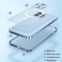 Metal Magnetic Cases Aluminium Alloy Frame For Wireless Charging Phone Case For iPhone 14 13 12 11 Pro Mini Max Translucent Matte