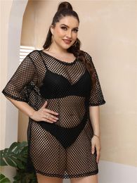 Plus Size Dresses Mesh Beach Dress Women Sexy Fishnet Tunic Half Sleeve Cover Up Black Poyester Large Transport Pareo 4xl