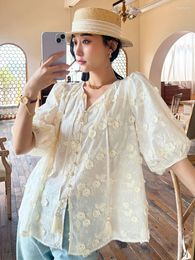 Women's Blouses 2023 Spring And Summer Three-dimensional Embroidery Flowers Half Sleeves White Cotton Loose Vacation Women Shirts Tops