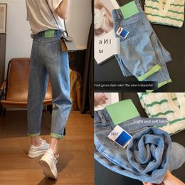 Jeans High Waist Soft Fruit Green Contrast Jeans Revers Womens Summer Thin Overalls Harlan Cargo Denim Trousers Y2k HOT Pants Clothing