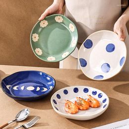 Plates Japanese Vintage Hand Painted Dots Daisy Pottery Deep Creative Moon Star Steak Flat Plate Handmade Salad Dinner Dishes