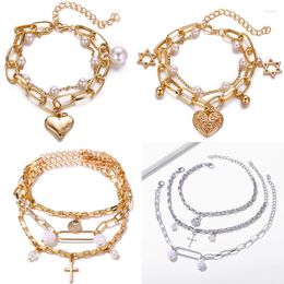 Charm Bracelets Fashion Cross Heart Pearl Multilayer Bracelet Bangles Woman Vintage Chain Jewellery 2023
