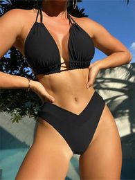 Women's Swimwear Dark Green Halter Bikini High Waisted Push Up Swimsuit Two Piece Set Summer Beach Sexy Women's Swimwear Solid Bathing Suits 2023 Z0613