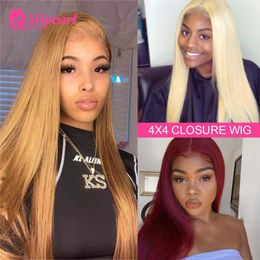#27 Straight 4x4 Lace Closure Human Hair Wigs For Black Women Brazilian #99J Pre Plucked 613 Blonde Wig