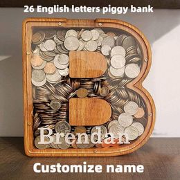 Decorative Objects Figurines Twenty six Letter Piggy Bank Wooden Coin Money Saving Box Jar Coins Storage Desktop Ornament Home Decor Crafts 230613