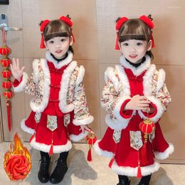 Этническая одежда Девочки Девушки Тан Костюм 2023 Зимнее платье китайское годовой костюм Красный ребенок бархатный утолщен