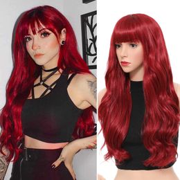 Lace Wigs Aigemei Long Synthetic Body Wavy Wigs With Bang 28Inches Water Wave Curly Hair Style For Woman Red Color High Temperature Fiber Z0613