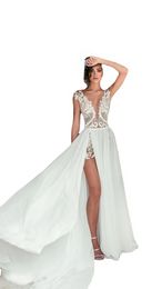 Sexy A Line Wedding Dress With High Split Cheap Deep V Neck Illusion Lace Applique Wedding Dresses Bridal Gowns Custom Made