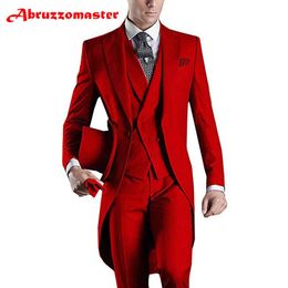 Jackets Abruzzomaster Red Morning Suits Men's Handsome 3 Pieces Formal Wedding Suits Tailcoat Suit Set Business Suit for Men