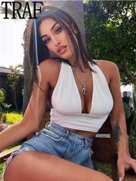 Camis TRAF White Sexy Crop Top Women Pleated Satin Halter Top Y2k Backless Summer Tops Woman 2022 Tied Beach Pink Off Shoulder Top