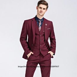 Men's Suits Burgundy Slim Fit Mens For Groom Wedding Prom Tuxedo 3 Piece Jacket Vest Pants Set Formal Business Blazer Costume Homme