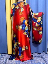 Ethnic Clothing Abayas For Women 2023 Muslim Red Flower Silk Fabric Summer Loose Femme Robe African Islam Dresses Moroccan Caftan With Turban 230613