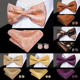 Bow Ties Hi-Tie Silk Mens Tie Hanky Cufflinks Set Pre-tied Butterfly Knot Bowtie Jacquard Paisley Wholesale For Male Wedding Business