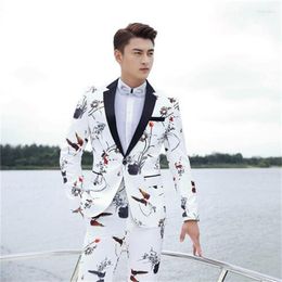 Men's Suits 2023 Arrival Korean White Slim Men Suit Set With Pants Pisces Printing Mens Wedding Groom Formal Dress Pant