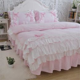 Bedding sets New Luxury Layers Bedding Set Sweet Princess Bow Ruffle Duvet Cover Wedding Bedding Pink Bed Sheet Girl Baby Bed Skirt Cover Z0612