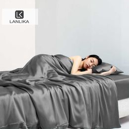 Bedding sets Lanlika Summer Beauty 100 Silk Bedding Set Dark Gray Flat Sheet case Double Queen King Quilt Cover Bed Set Fitted Sheet Z0612