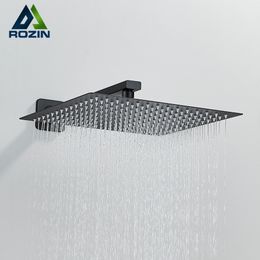 Bathroom Shower Heads Rozin Black Rainfall Shower Head Bathroom 12" Ultrathin Style Top Shower Head with Wall Mounted Shower Arm 230612